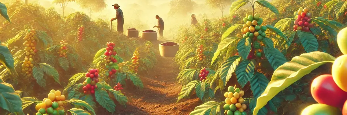 A zoomed picture to a traditional coffee farm that coffee fruits can be seen clearly and there are 2 farmers inside the frame